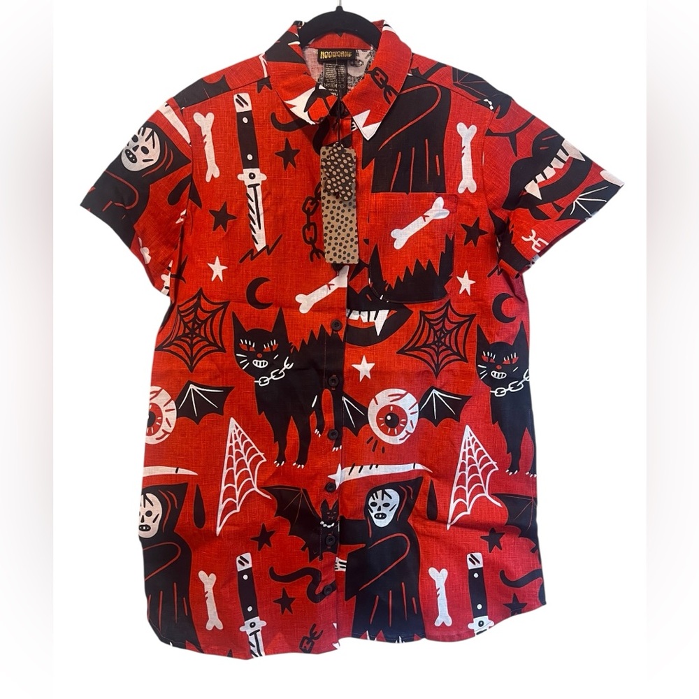 Nooworks Red Graphic Button Down Shirt S - Picture 3 of 11